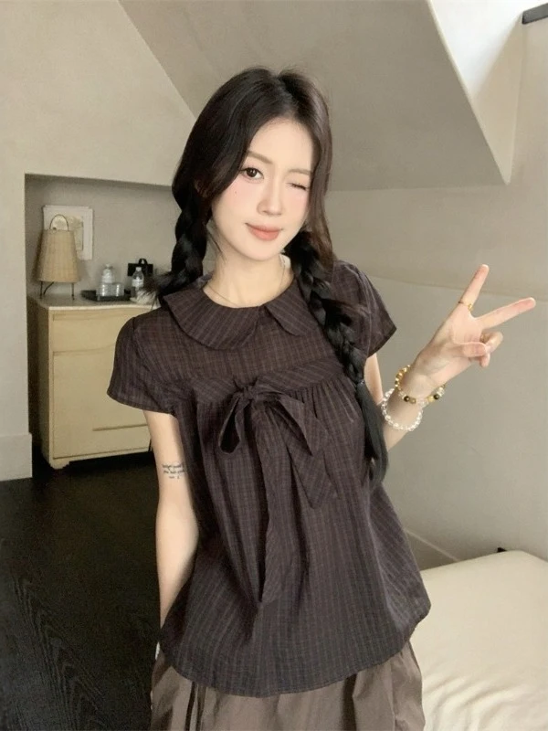 

Рубашка женская свободного кроя в клетку с воротником «ретро-кукла», весенний модный дизайн, топ с коротким рукавом и узлом, в корейском стиле, для повседневной носки