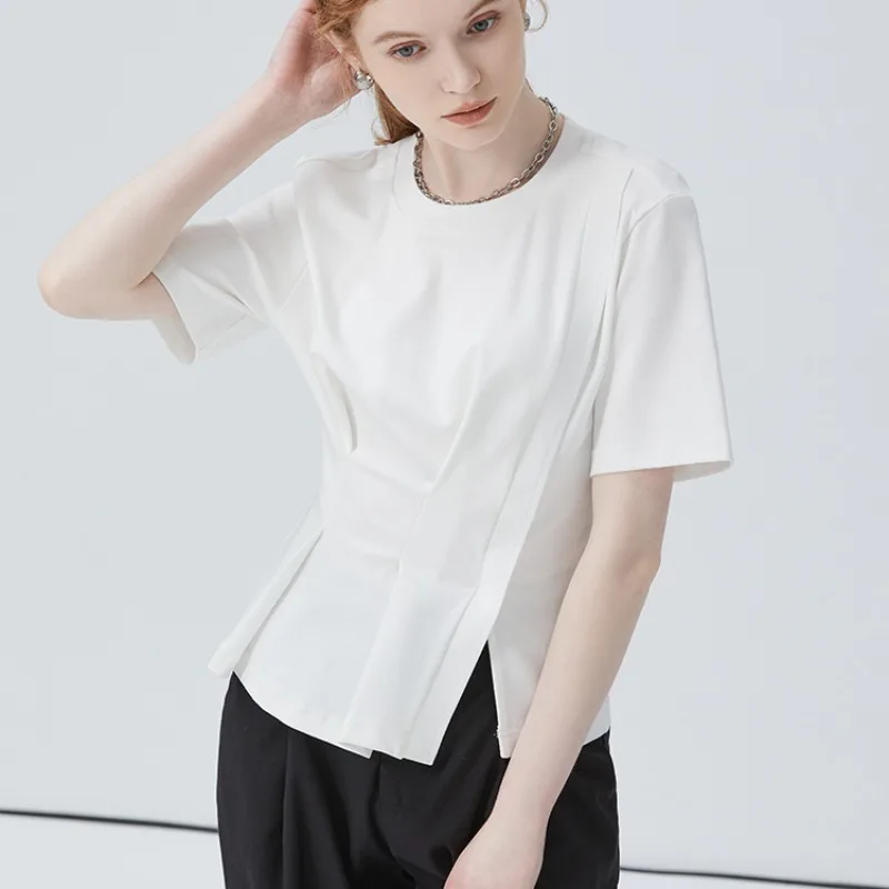 

2024 Summer New Round Neck Short Sleeve Women's T-shirt White Waistline Spread Tees for Women