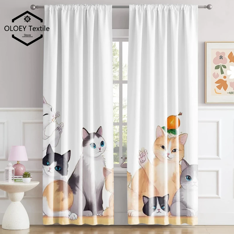 

Pastoral Countryside Cats Reunion Warm Print Curtains - Customized Patterns Curtains for Living Room Bedroom Window Drapes Home