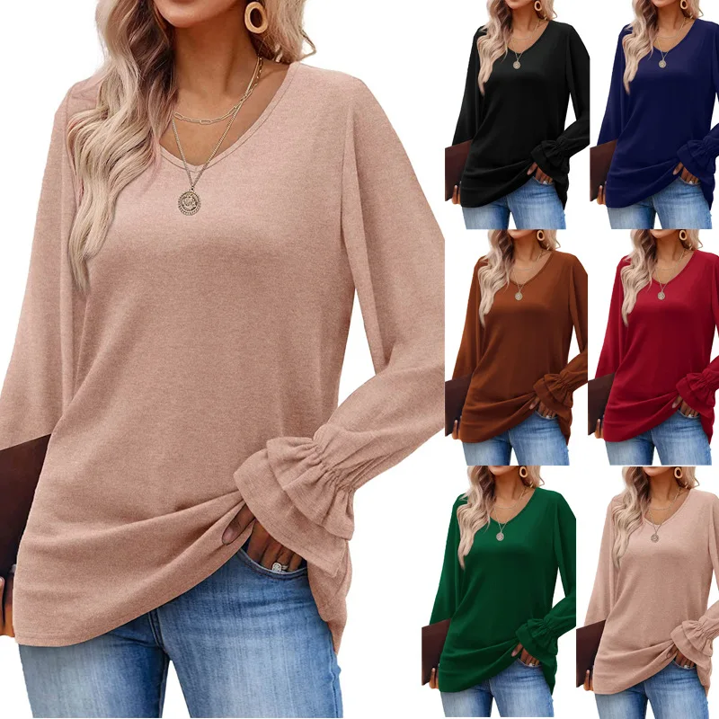 Woman's Tshirts Superior Quality spring/summer Solid Color V Neck Petal Sleeve Ladies Top t-shirt Dropshipping YYYdr500