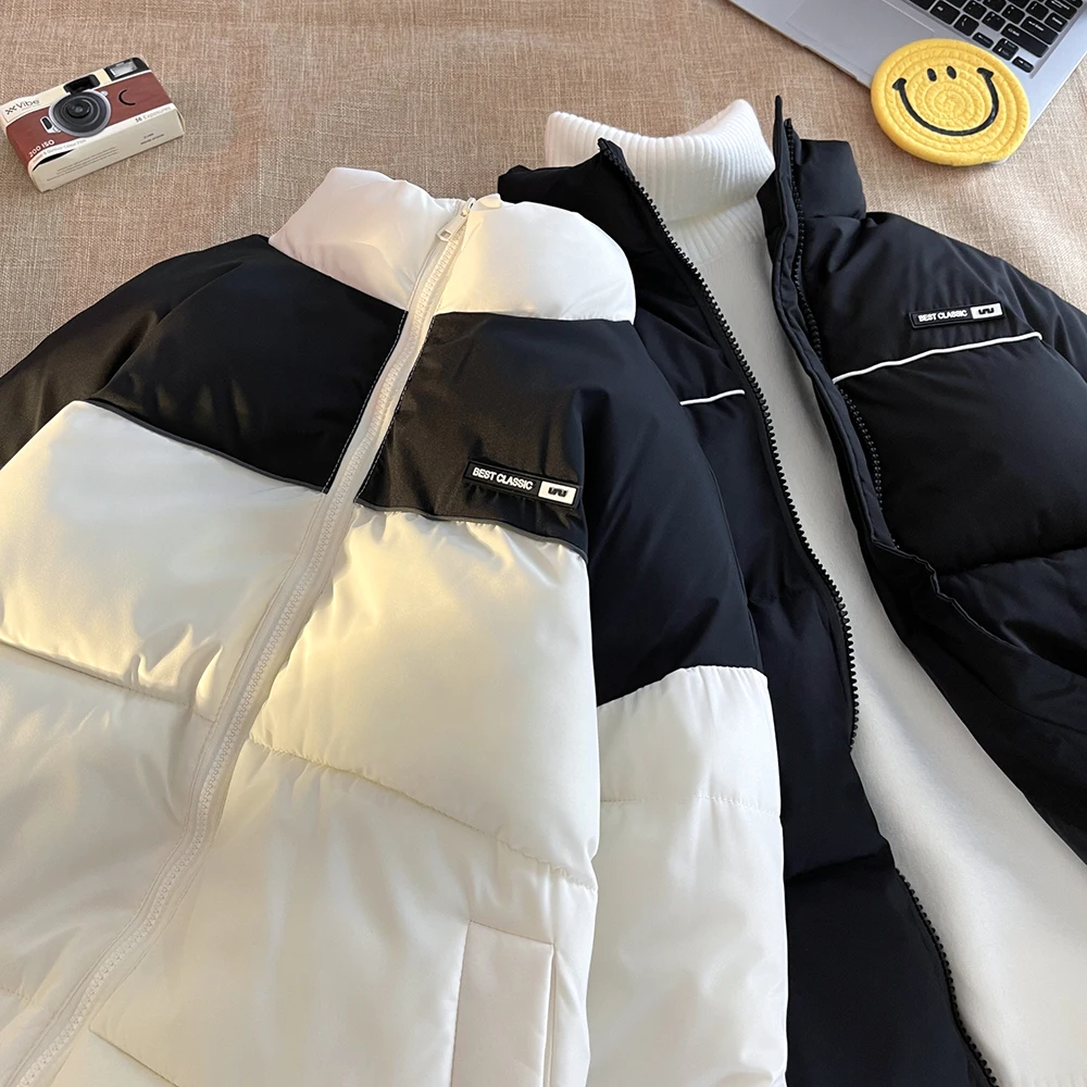 

2022 New Winter Women White Patchwork Cotton Jacket Female Vintage Loose Stand Collar Outerwear Warm Lady Down Jackets Coats