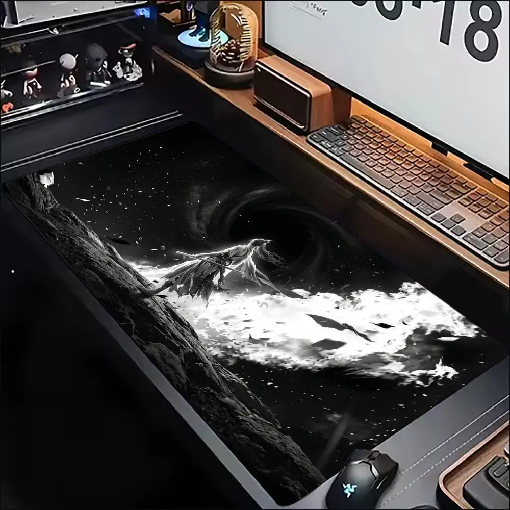 Black White Samurai Swordsman Ink XXL Gaming Mouse Pad Non Slip Rubber Base Waterproof Stitched Edge Desk Mat for PC Laptop