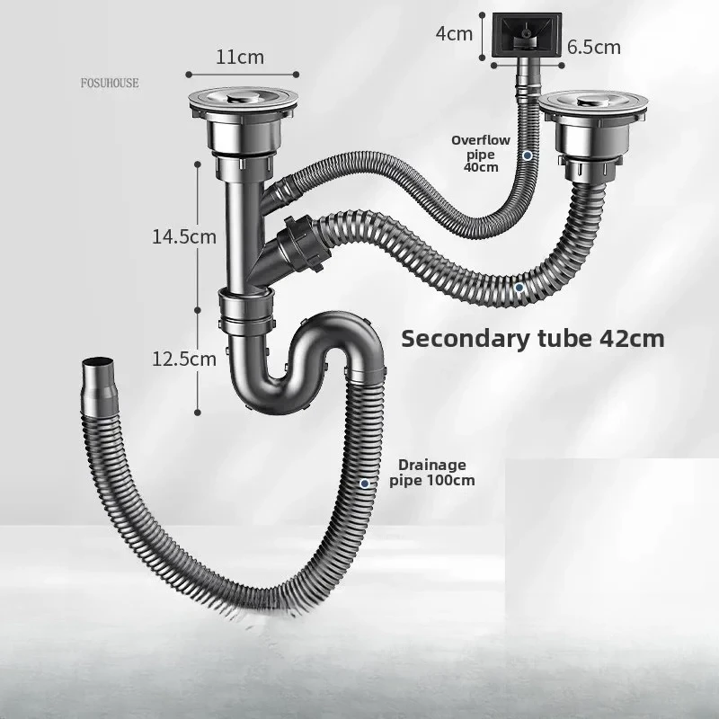 Kitchen Sink Drain Pipe Accessories Sink Deodorizing Drain Pipe Drainer Double Trough Dishwasher Universal Full Set