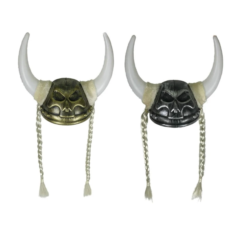 652F Pirate Horned Hat With Braids Bronze Horned Roman Helmets Hat For Halloween Parties And Role Playing Enthusiasts