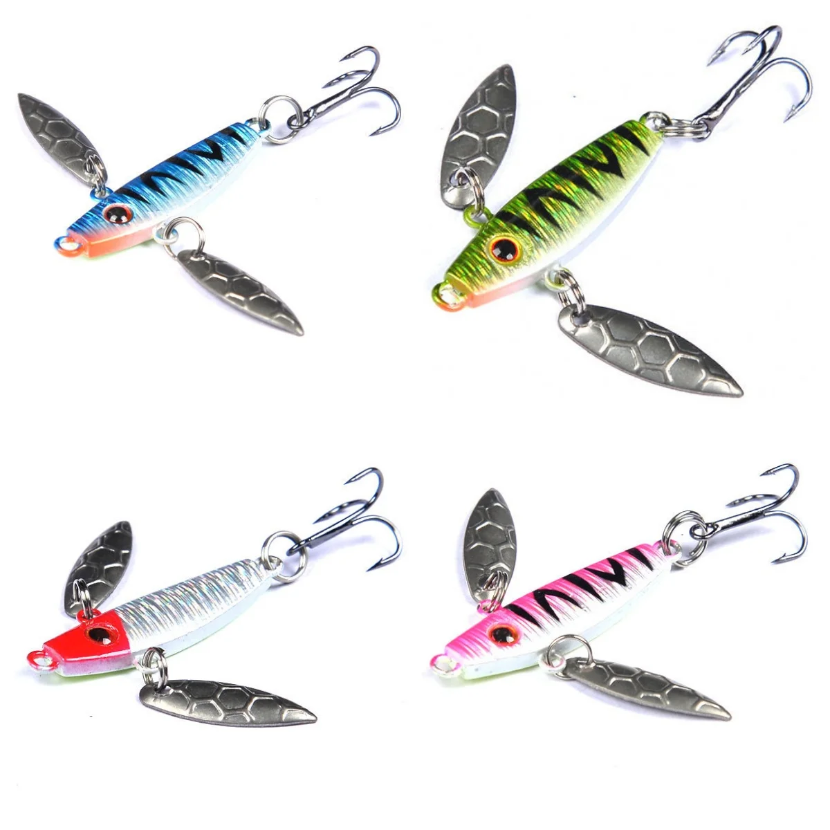 50mm 7g Curved Lead Jig Double Spinner Blades and Treble Hook Long Casting Bait Realistic Action Luminous Effect Glow in Dark