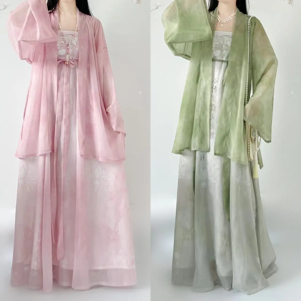 

2024 daily improved chinese song style hanfu dress fairy lotus printing gradient gauze dress retro dignified dainty hanfu set