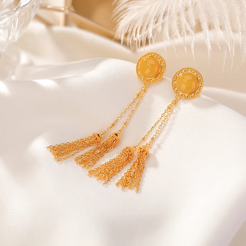 S925 Sterling Gold-Plated Amber Ruyi Round Tassel Elegant Long Silver Drop Earrings