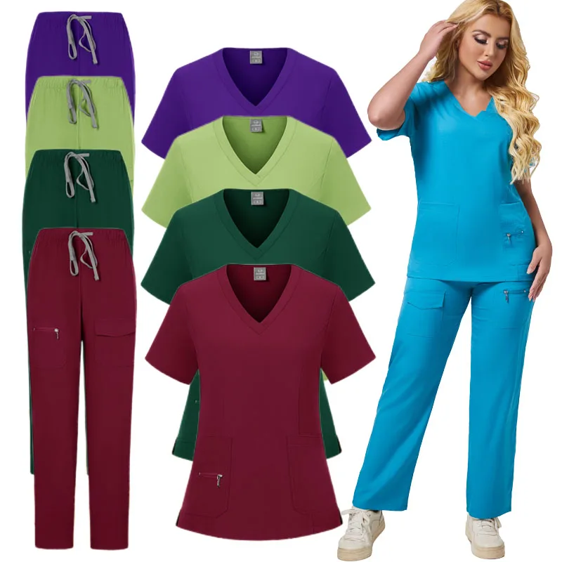 Pharmacy Medical Uniforms Hospital Doctor Nursing Set Unisex Wholesale Casual Jogger Suits Short Sleeved V-neck Tops Nurse Pants