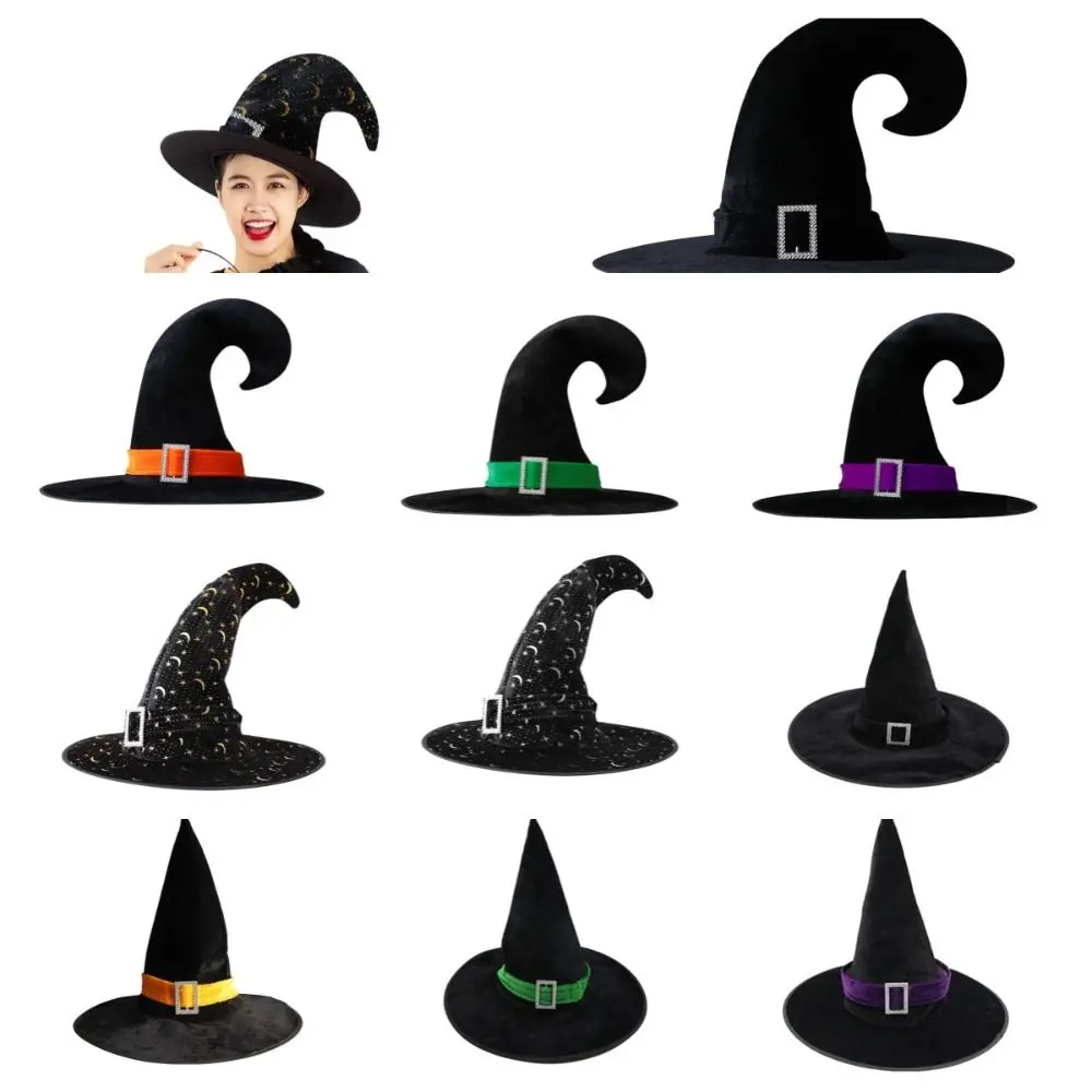 パンクベルベットハロウィン魔女ウィザードハット曲げ角度金メッキハロウィンハットコスチューム小道具サテンリボンデビルキャップナイトクラブ