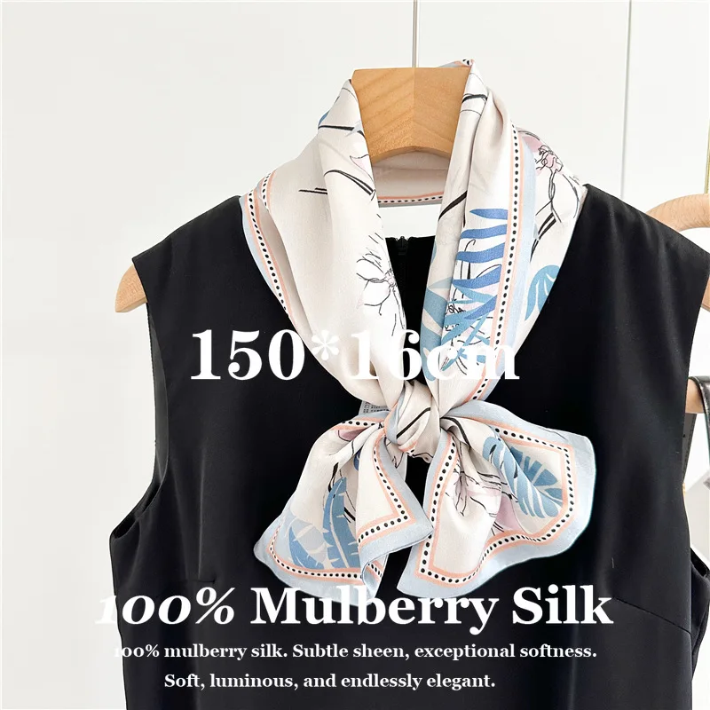 

100% Mulberry Silk Neckerchief Long Large 150x16cm Fashion Travel Beach Vacation Soft Smooth Breathable Hairband Hijab Headband