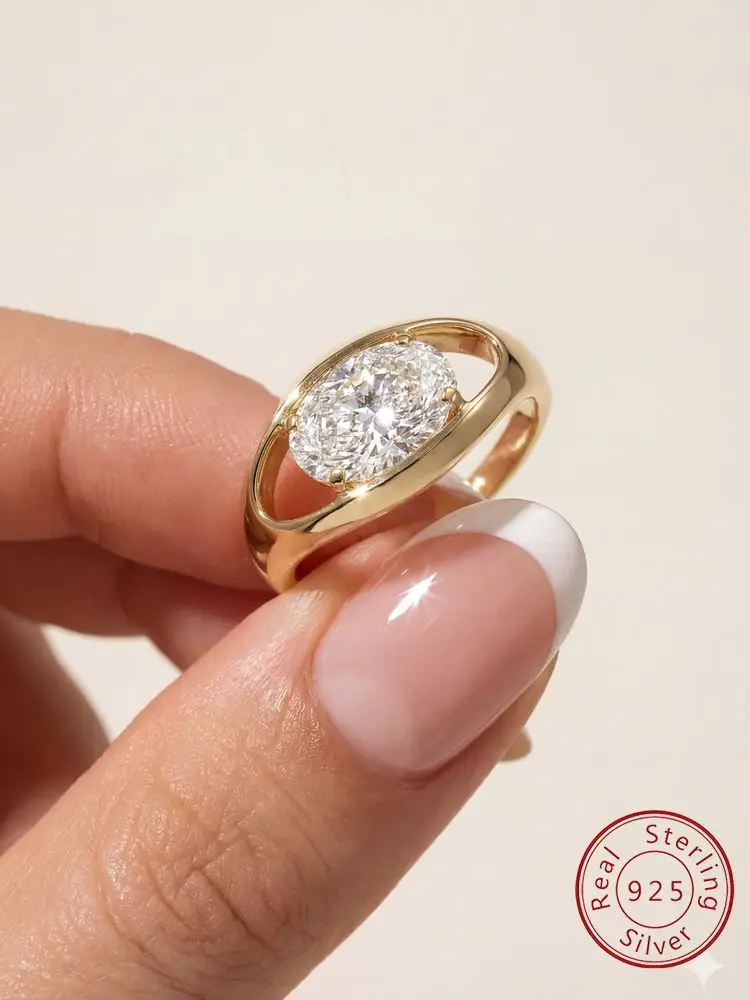 Personalisierter hohler ovaler Zirkon-Ring aus 925er-Sterlingsilber für Damen, Jahrestag, Alltag, Party-Outfit, modischer, hochwertiger Schmuck