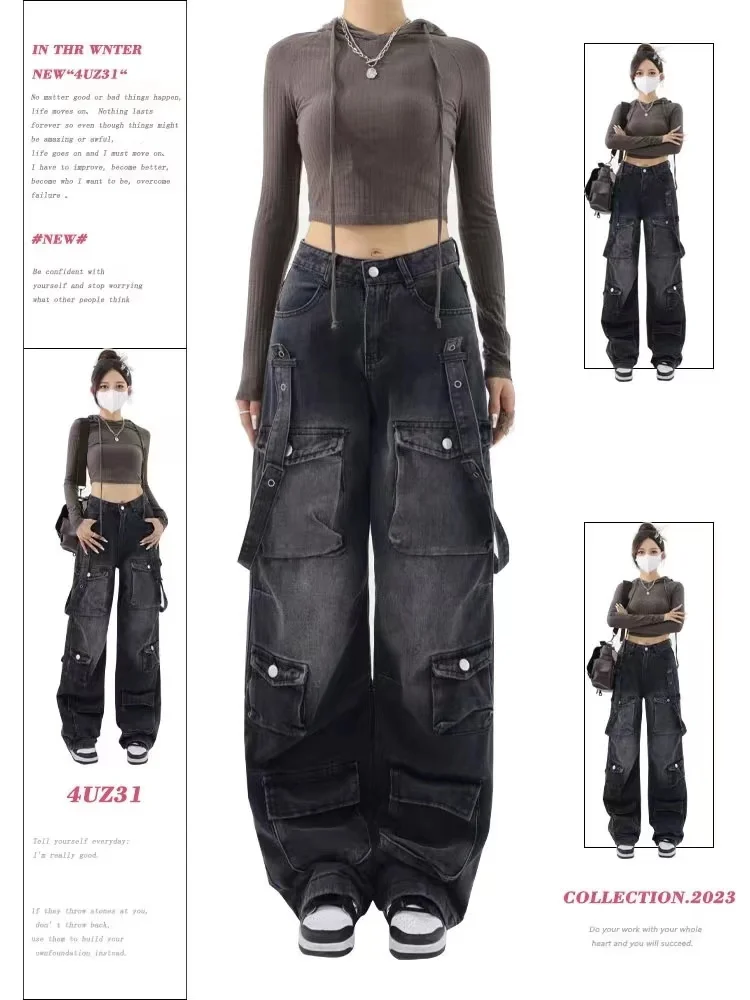 

ADAgirl Oversize Cargo Jeans Women Streetwear Vintage Straight Do Old High Waist Denim Pants Y2k Fashion Kpop Wide Leg Trousers