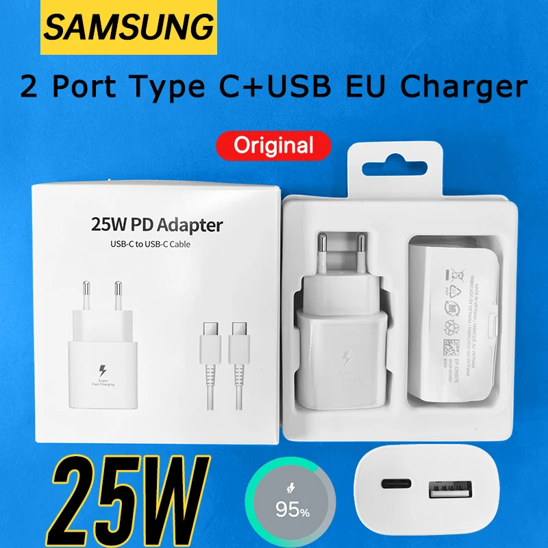 

2 Port 25W Samsung Type C USB Charger 5A Cargador Cable PD Super Charging Samsung S25 S24 S23 Ultra A34 A35 For iPhone 16 15 14