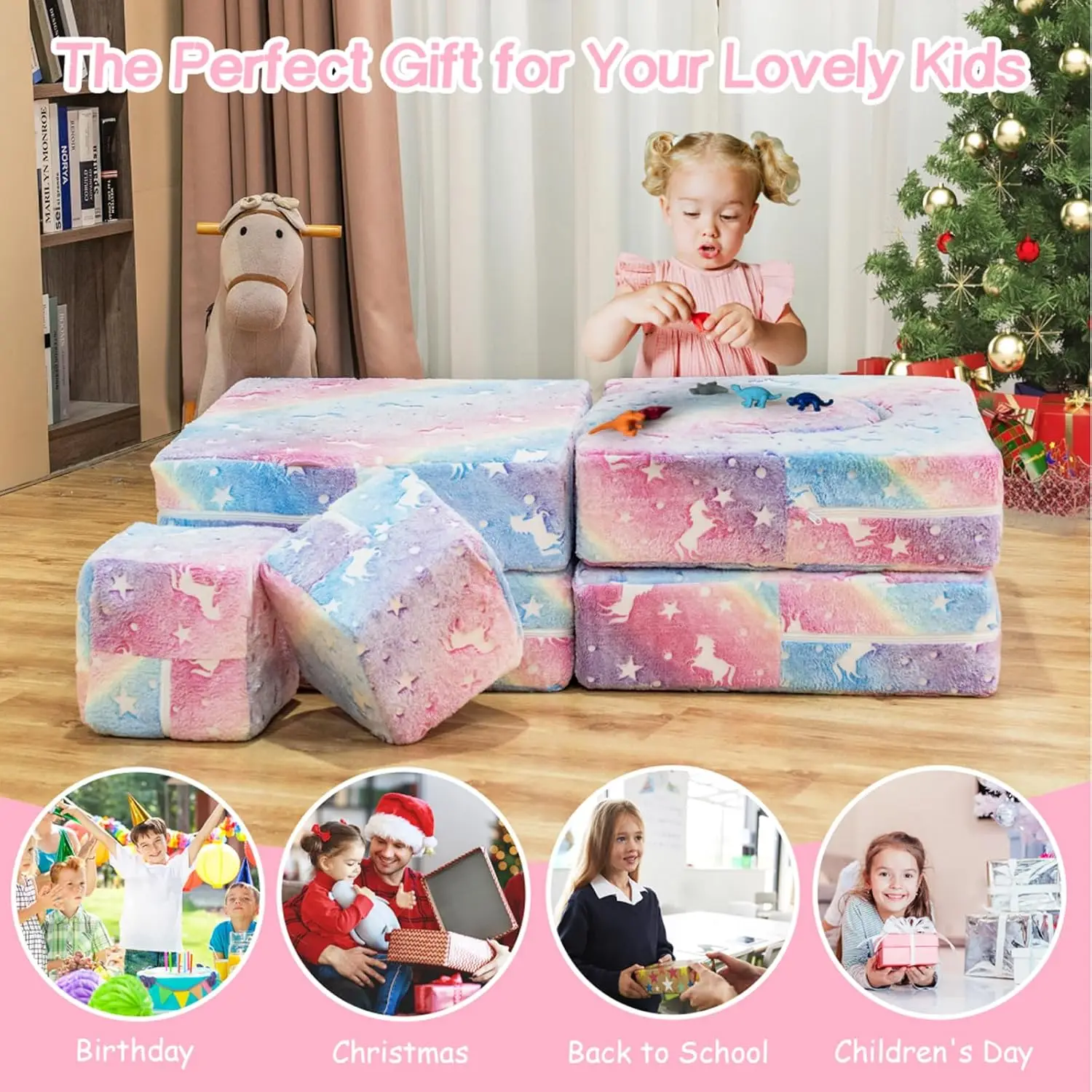 Play Couch, Kids Couch for Playroom Bedroom, Kids Couch Glow in The Dark, 5 Seconds Instant Expansion, Glowing Unic