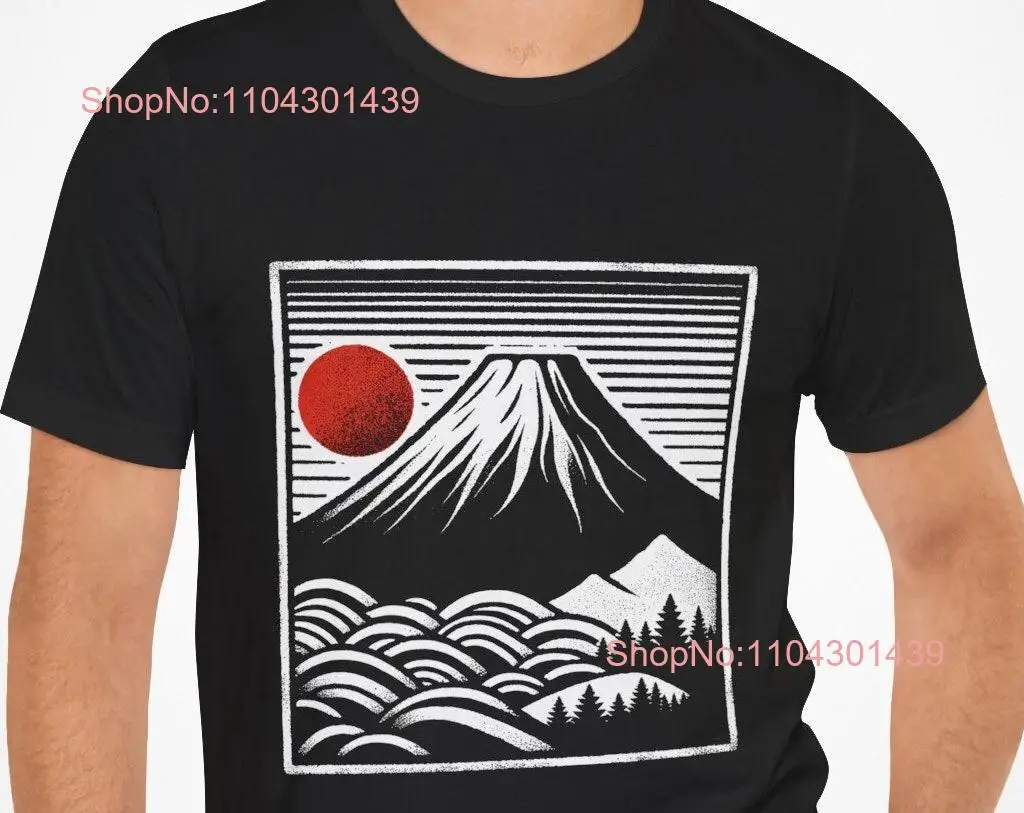 Mount Fuji Radiant Sun T Shirt Modern Woodblock Print Japanese Landscape Stylized Design Red Apparel Nippon