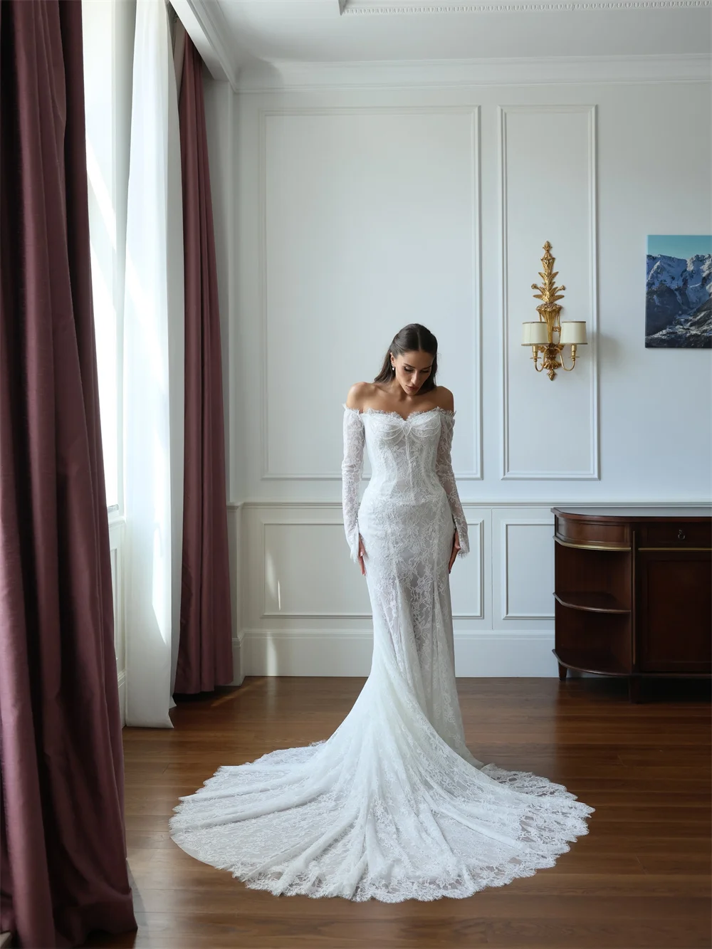 Tokyo Custom Off Shoulder Long Sleeve Lace Mermaid Wedding Dress Delicate Sweep Train Bridal Gown Formal Wedding Evening Outfit