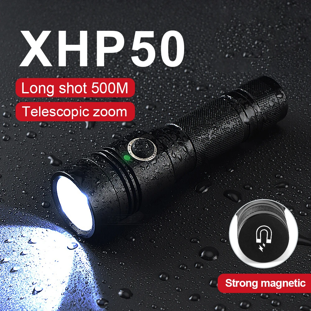 Super Bright USB High Power Rechargeable LED Flashlight XHP50 LED Zoom Torch Portable Lantern 4 Modes Home Outdoor Hand Lamp