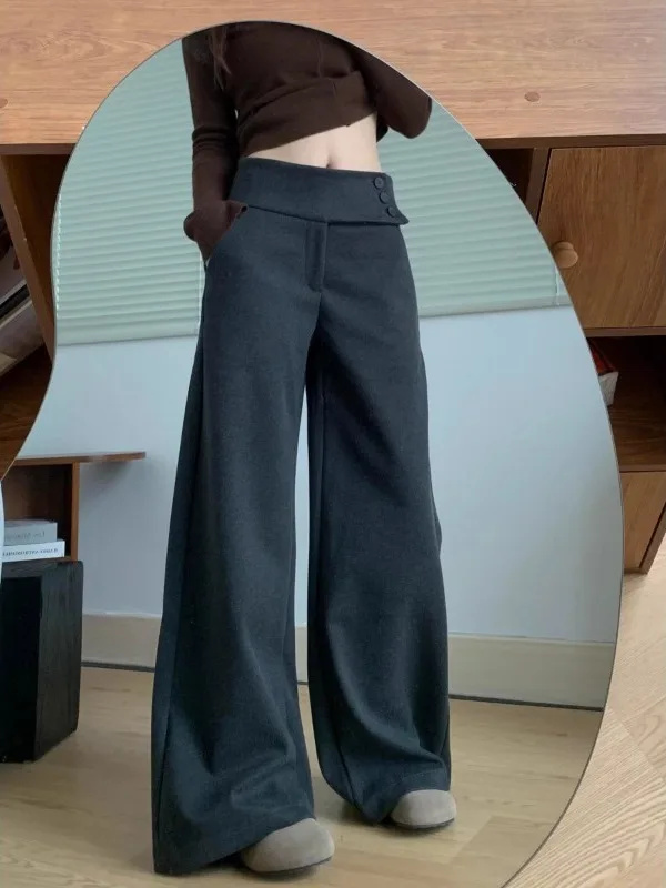 

Женские брюки с высокой талией и широкими штанинами, длиной в пол, свободного кроя, в корейском стиле, новые, зимние, повседневные, для полных женщин