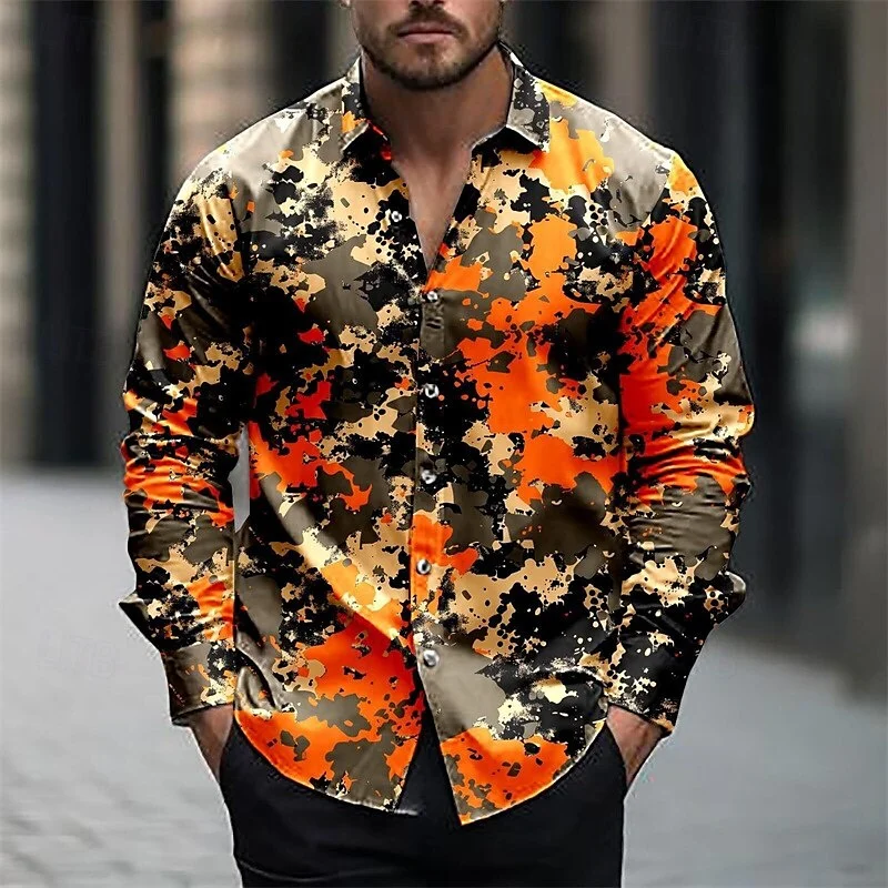2025 Men\'s Shirt Summer Shirt Casual Shirt Army Green Long Sleeve Camouflage Lapel Button Clothing Polyester Fashion Casual 6XL