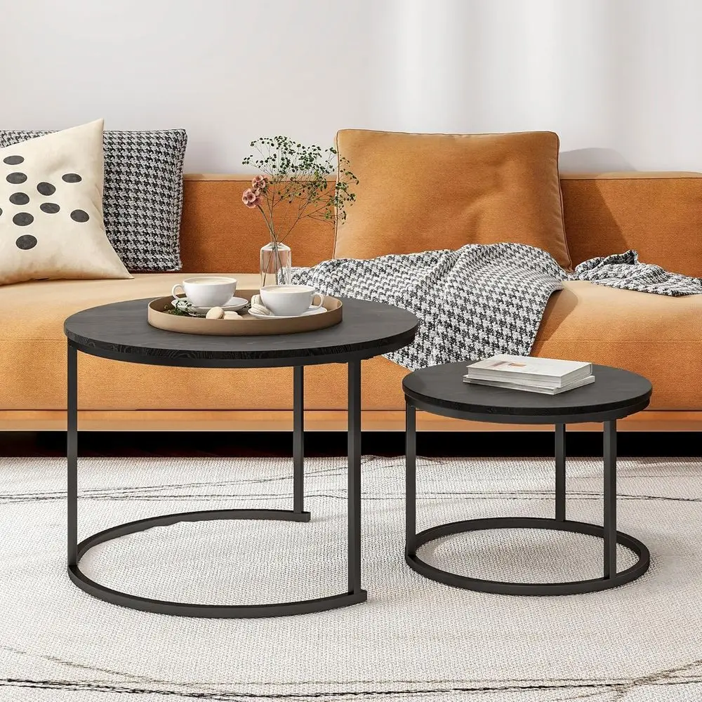 Black Nesting Coffee Table Set, 2 Wooden Accent End Tables with Metal Frame for Living Room, Sturdy Stackable Side Tables, Easy