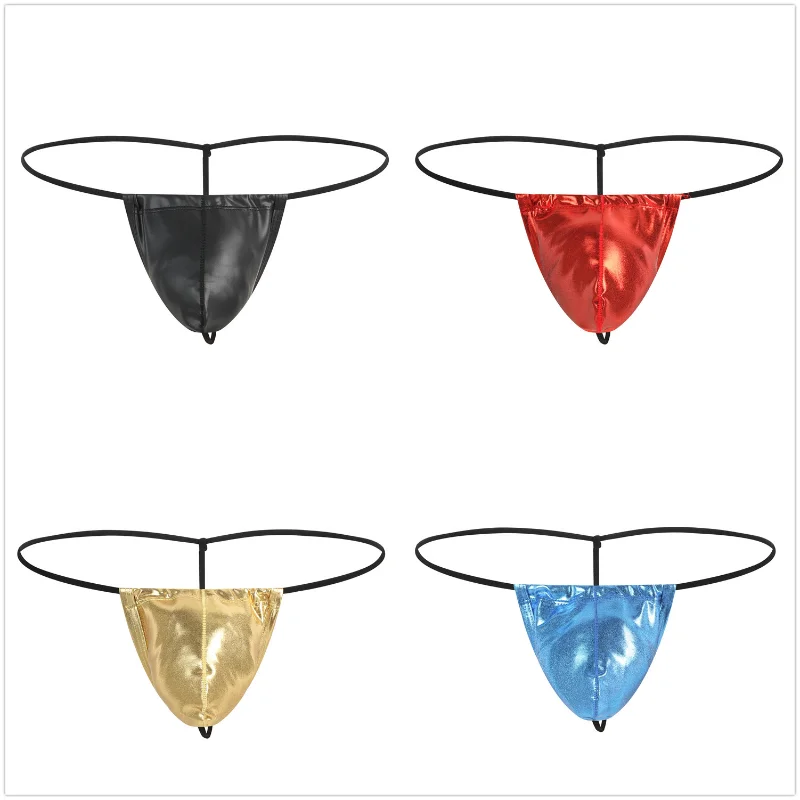 Men Bikini String Jockstrap Panties Shiny Patent Leather Underwear Sexy Hollow Motorcycle U Convex Pouch Lingerie Underpants