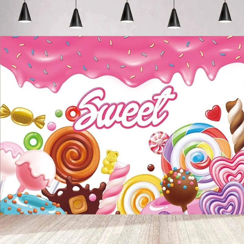 

Sweet Pink Candy Photography Backdrop Lollipop Cotton Candy Doughnut Theme Background Home Party Backdrop Wall Banner Poster