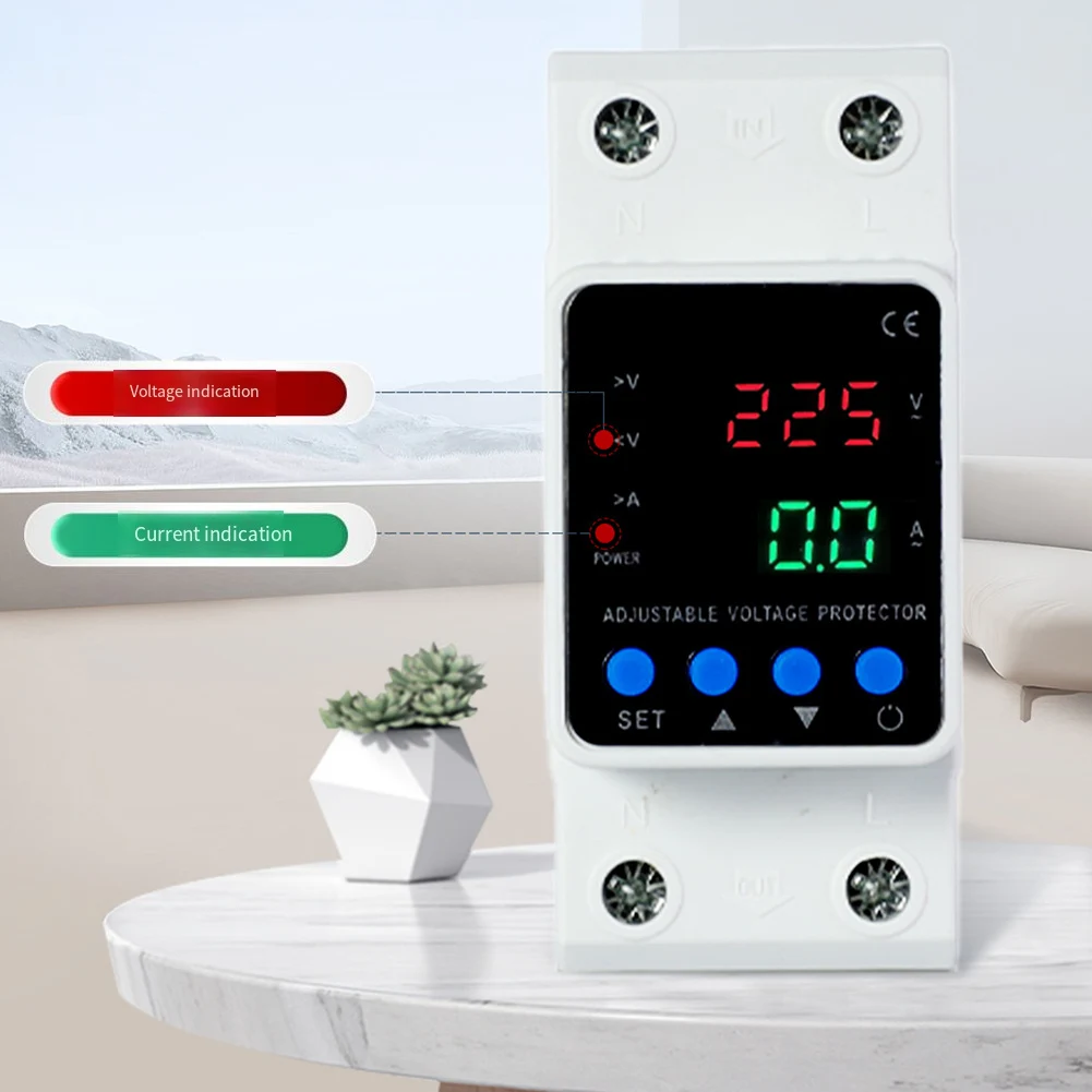 1-63A 80-300V Over Under Voltage Overcurrent Protector Auto Reclosing Dual Display 35mm DIN Rail Mount Circuit Safety Device