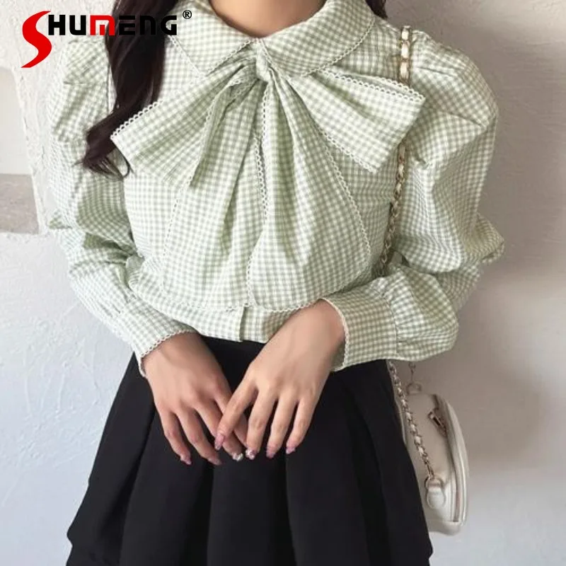 

2024 Japanese Rojita Style Autumn And Winter New Cute Sweet Plaid Shirt Versatile Big Bow Single-breasted Blouse Exquisite Top