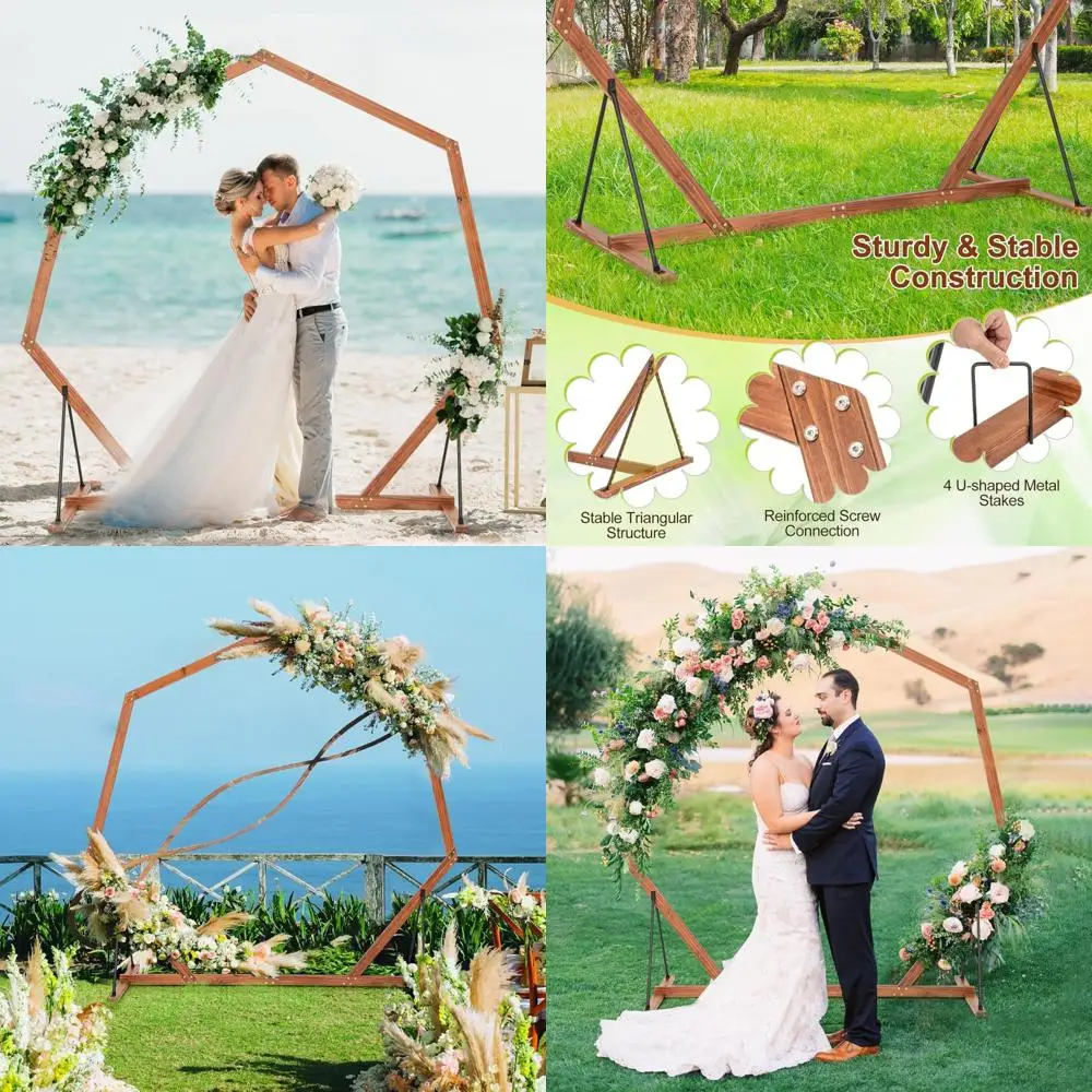 

7-Foot Heptagonal Wooden Wedding Arch - Rustic Solid Wood Arbor for Bohemian Ceremony Backdrop