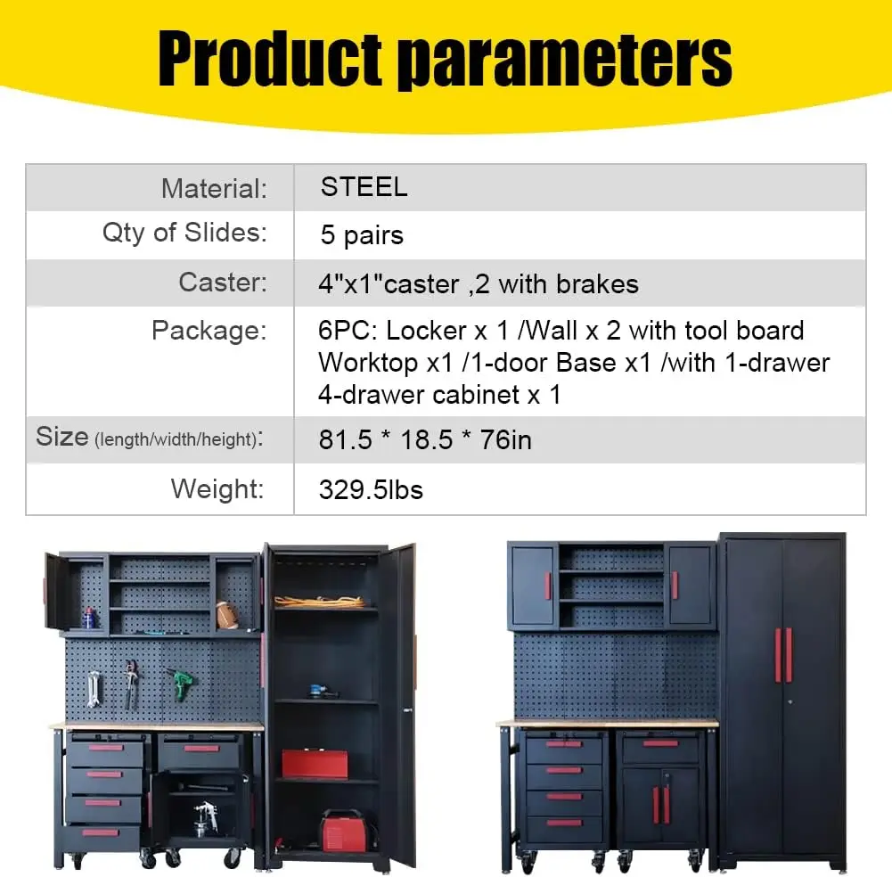 6-Pcs Workshop Storage Cabinet Set in Black with Workbench - for Organizing Garage and Tools - Included Steel Cabinets Drawers
