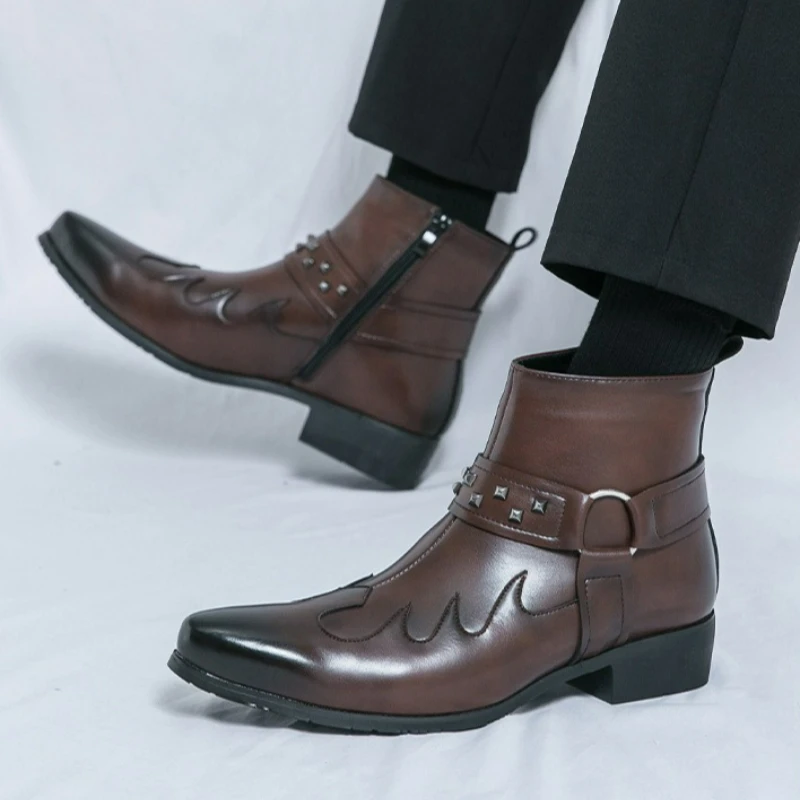 

Men's Boots Pointed Toe Chelsea Boots Rivet Leather Western Cowboy Boot Zipper Motorcycle Ankle Boots Luxury High-top Men Shoes