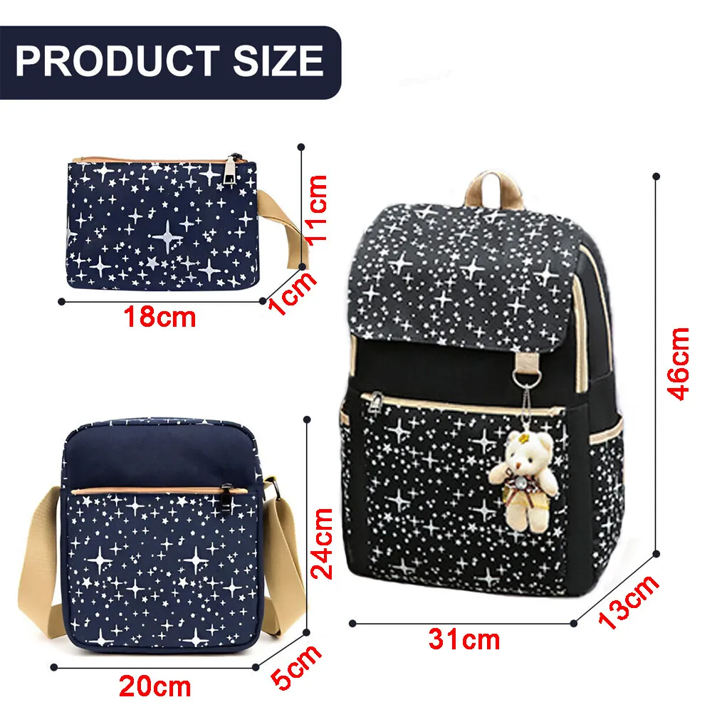 여학생용 스쿨 백팩 세트, 크로스백, 필통, 지갑, 곰 펜던트가 달린 귀여운 스쿨 백, 십대 소녀들을 위한 책가방 토트백