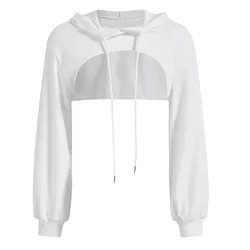 Women's Large Size Casual Long Sleeved Pullover Sweatshirt Solid Color Irregular Personality Ultra Short Drawstring Hoodies