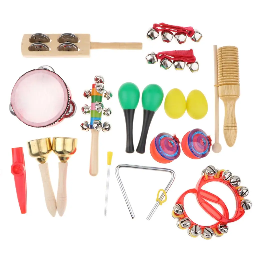 Musical Instruments 18 pcs 12 in 1 Music Rhythm Percussion Toy Set Educational Toy for Kids Tambourine Claves Handbell Set Bag