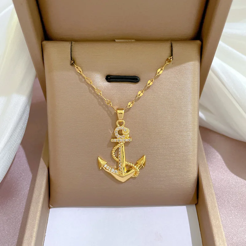 Personality Gold Color Stainless Steel Ship Anchor Zircon Pendant Necklace for Women Charm Trendy Ocean Collar Jewelry Colorfast