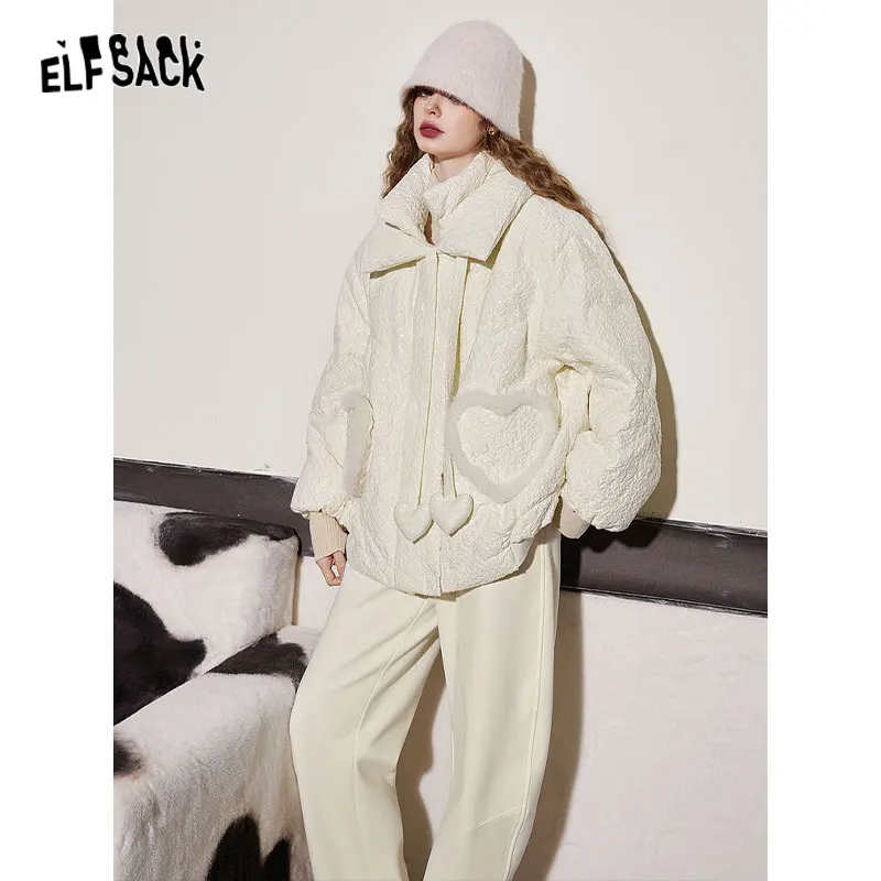 ELFSACK White Heart Pocket Warm Down Coats Women 2023 Winter Loose Mid-length Casual Outwears