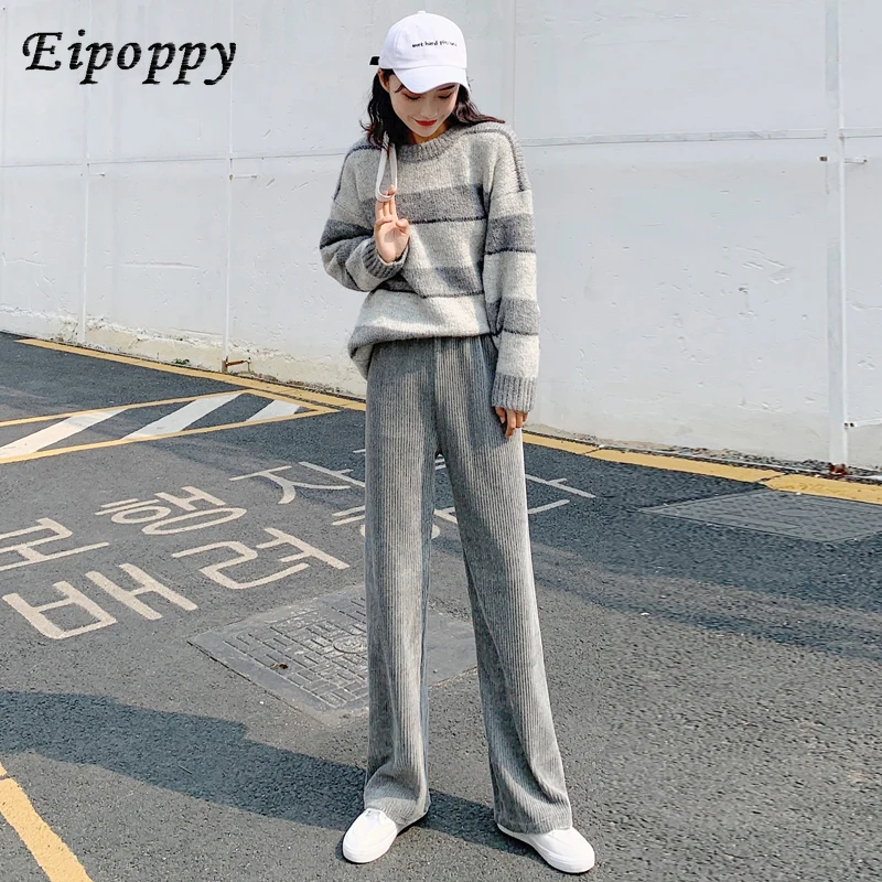 กางเกงกางเกงขาม้าผ้าลูกฟูกผู้หญิงถูพื้นแบบลำลองตรง