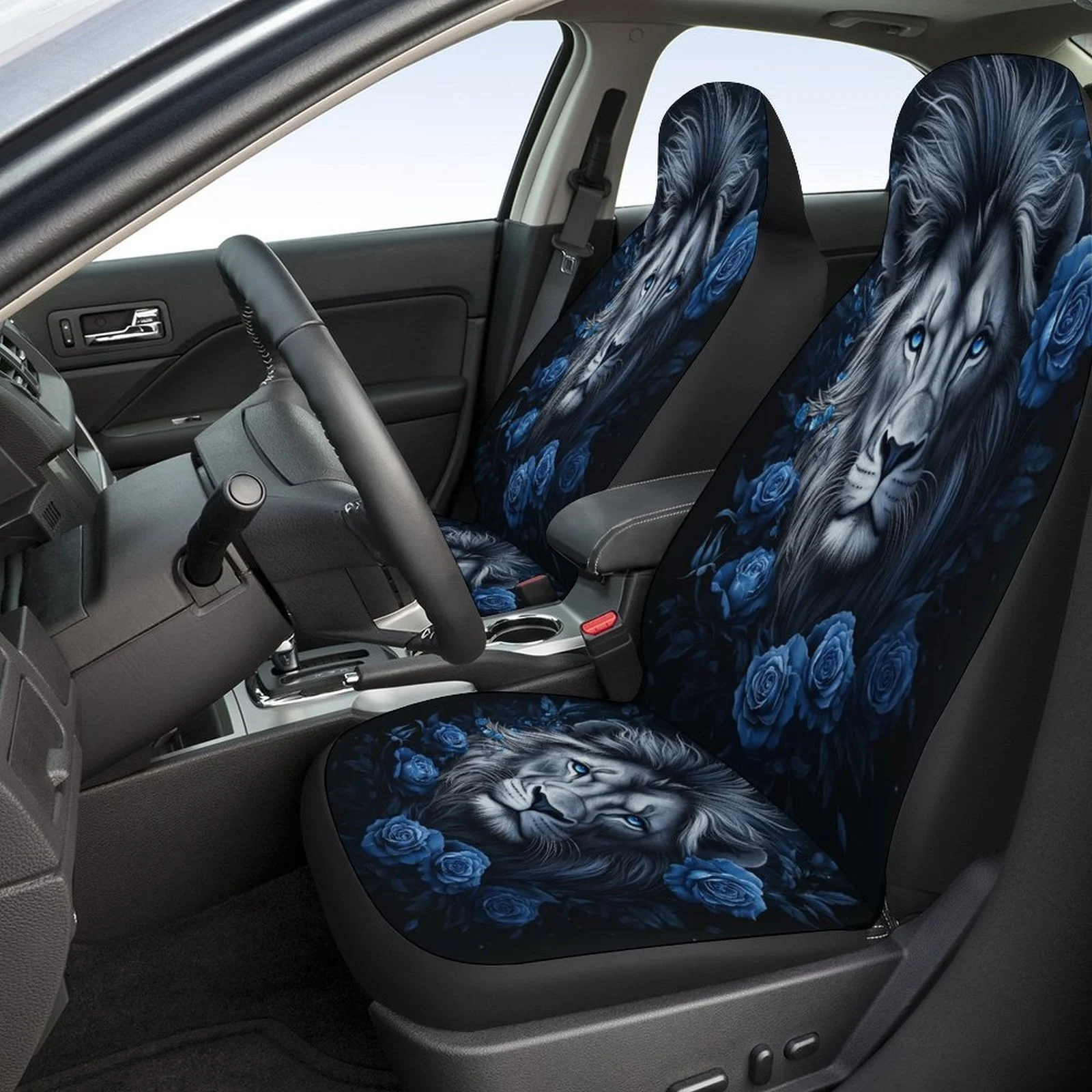 Blue Lion & Roses Themed Car Seat Cover Set - Stylish Full Coverage Protector For Most Cars, Fits Front & Rear Seats, Polyester