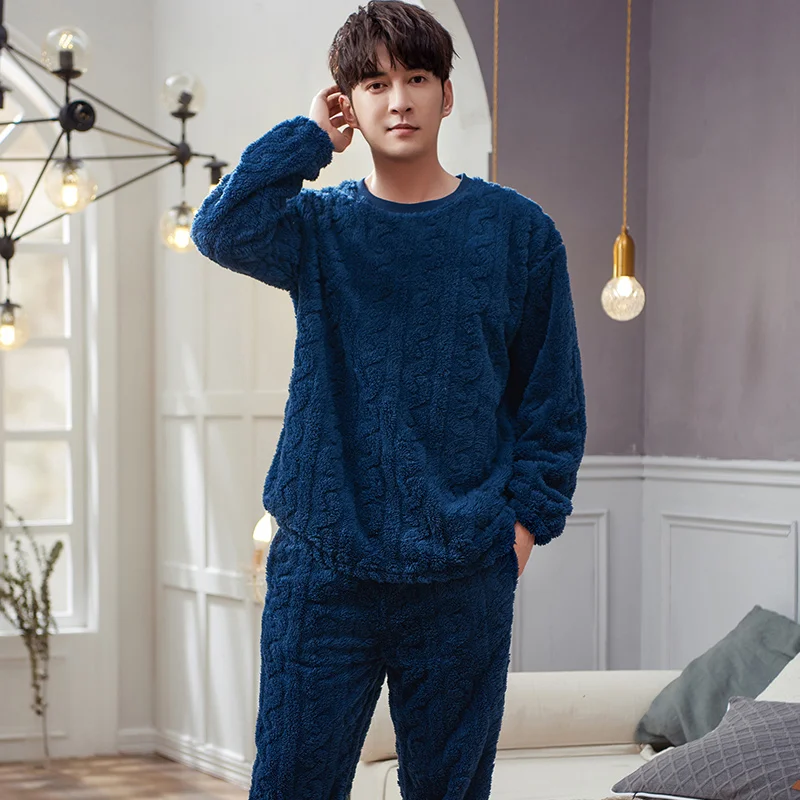 Autumn and winter new flannel men's pajamas pullover round neck men's home wear casual loose fitting men's pajamas