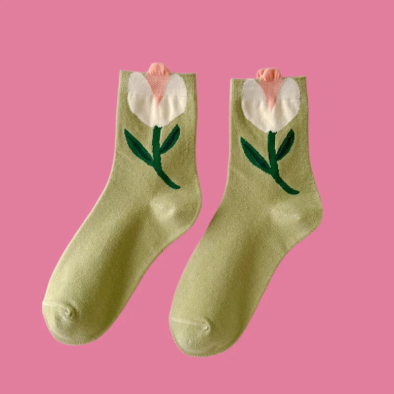 5 Paar Mode Sokken Hoge Qualitytulp Bloem Sokken Voor Dames Mid-Calf Sokken Comfortabel En Ademend Mid-Calf 2024 Nieuwe Sokken