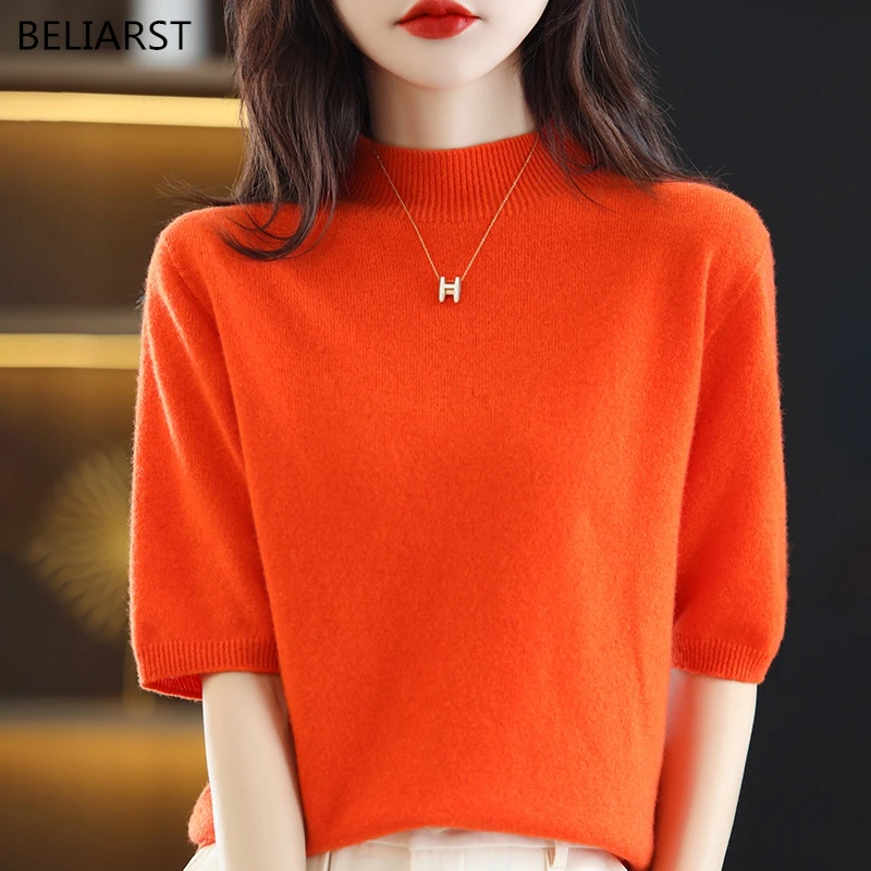 Women's T-shirt 100% Wool Sweater Women's Half High Neck Knitted Pullover 5/4 Sleeve Tops Solid Color fFashion Casual