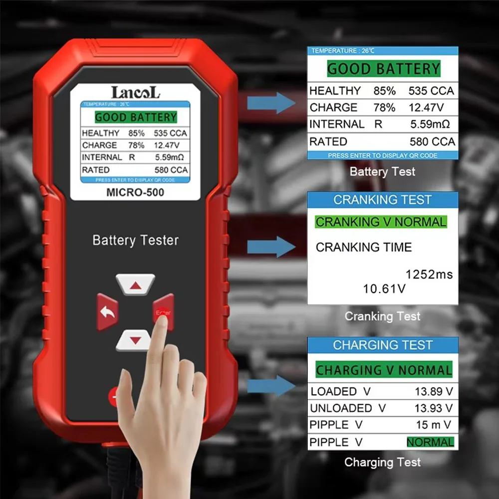 Lancol MICRO 500 12V Car Battery Tester 40-3000 CCA Lithium Battery Cranking Charging Test Lead Acid Battery Diagnostic Analyzer