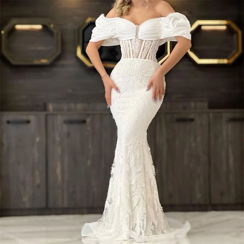 Elegante Vestido de novia de encaje de sirena con tren desmontable, hombros descubiertos, apliques, Vestido de novia hecho a medida