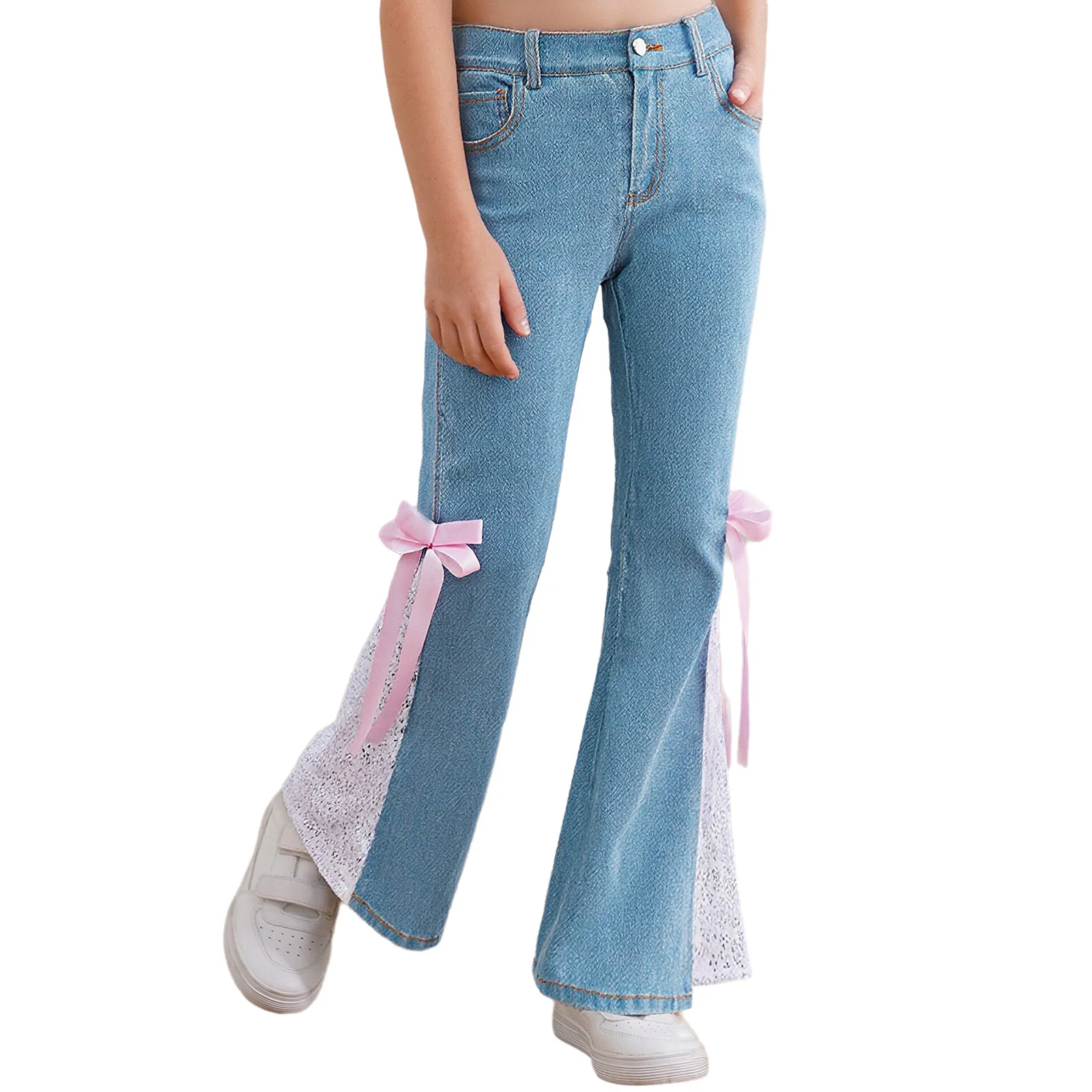 

Kids Girls Denim Pants Bowknots Lace Patchwork Elastic Waist Bell-Bottom Trousers Flared Jeans with Pockets Teen Casual Clothing