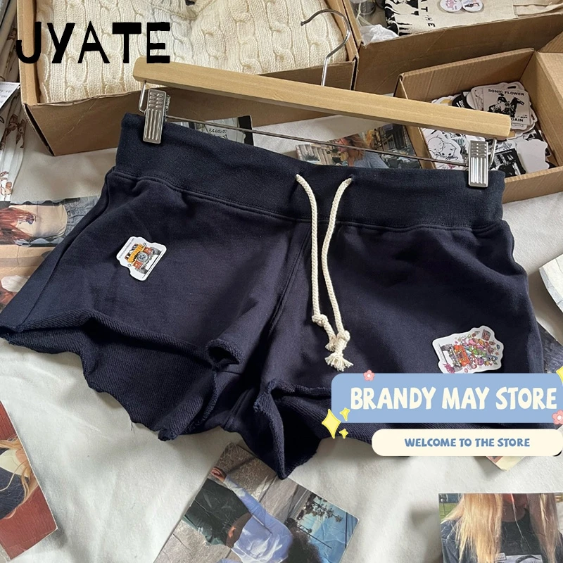 Navy Blue Raw Trim Cotton Drawstring Straight Shorts Women New High Waist Sports Sweatshort Vintage Harajuku Chic Short Pant Y2K