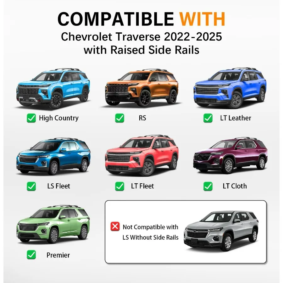 Bagażnik dachowy z blokadą, udźwig 150 kg, kompatybilny z Chevrolet Chevy Traverse 2022 2023 2024 2025 2026, aluminiowe relingi dachowe.