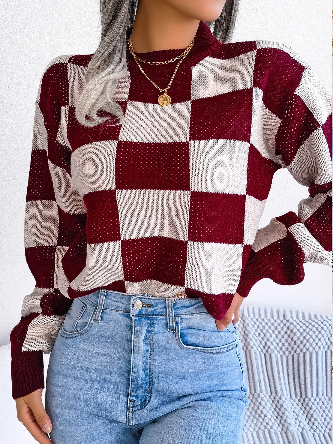

Color Blo Cheered Long Sve Sweater Street Sle Loose Fit Knitted Polyester Autumn Faion Women's round Ne Sweater