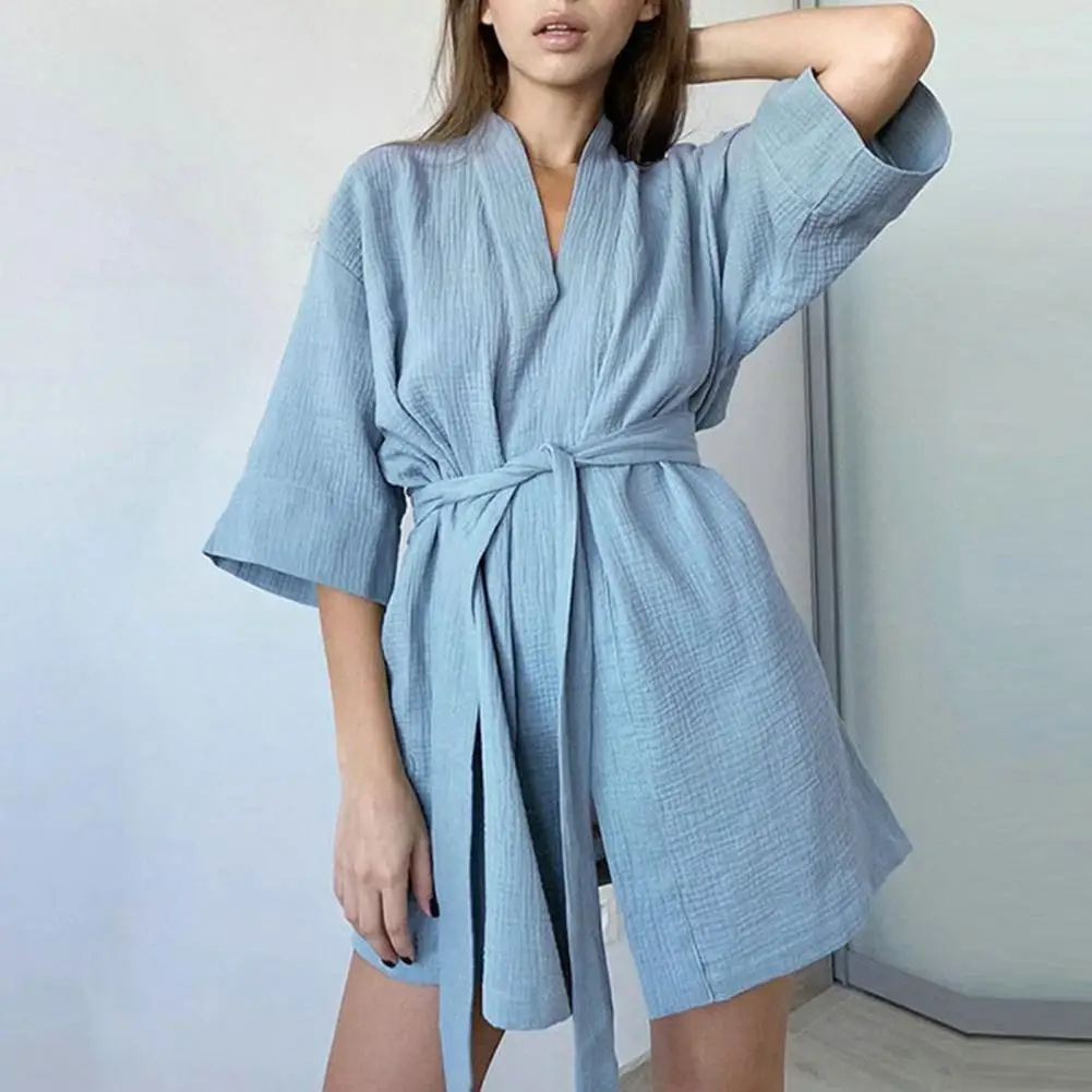 Cotton Robe Women\'s Nightwear Mini Bathrobes Lace Up Sleepwear Muslin Women Home Clothes Solid Color Robes Women Nightie Pajamas