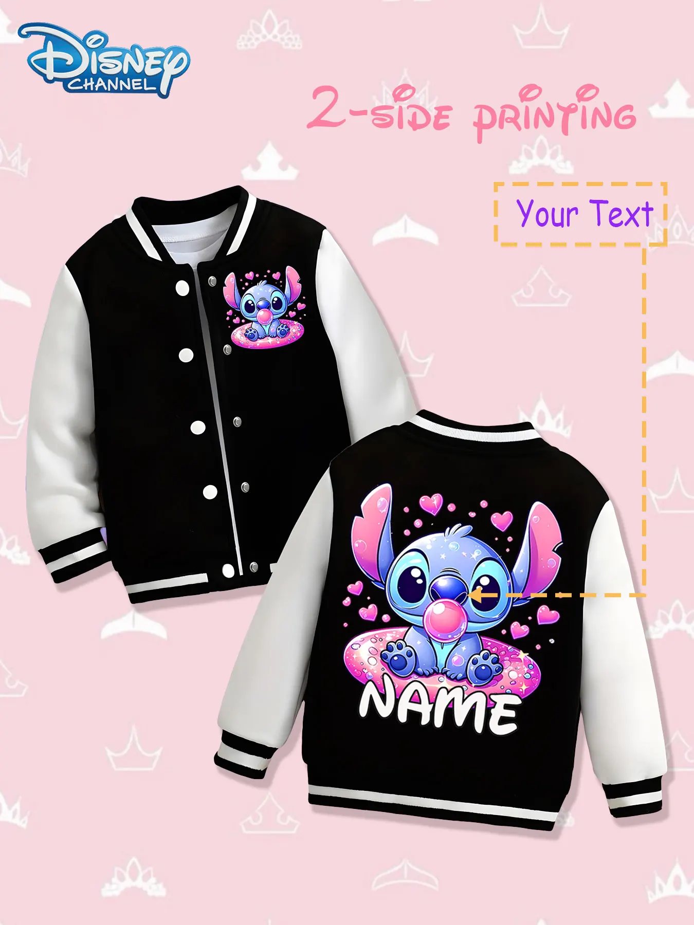 

MINISO Disney Stitch Cute Kids Baseball Jacket - Stitch bubble heart shape double-sided display, eye-catching colors and full of