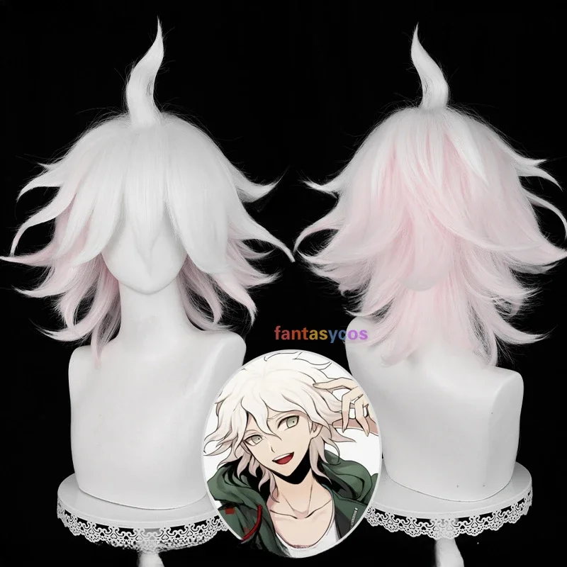 

Парик для косплея Game Danganronpa Nagito Komaeda с шапочкой 37 см, короткие волосы с розовым и белым градиентом, термостойкие синтетические аксессуары для ролевых игр